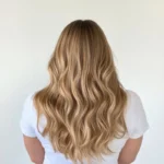 Blonde hair glossy healthy waves styled to enhance volume seen back against plain background hair appears well blonde extensions